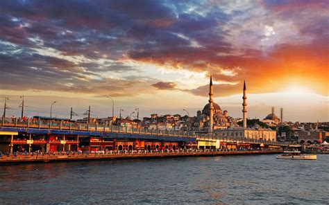 istanbul turkey city sea bridge galata bridge mosque clouds sunset architecture