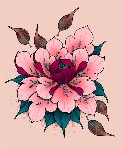 neo traditional style peony rdrawing