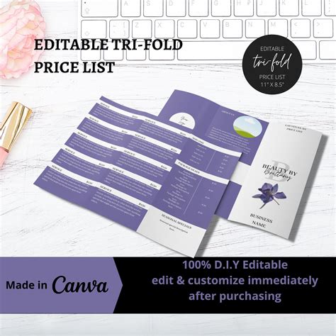 editable price list template tri fold pricing list design etsy