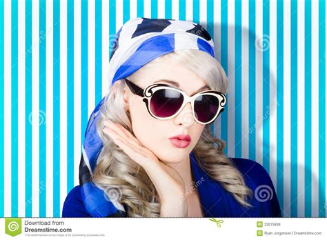 Beautiful Retro Pinup Girl In Scarf And Sunglasses Stock