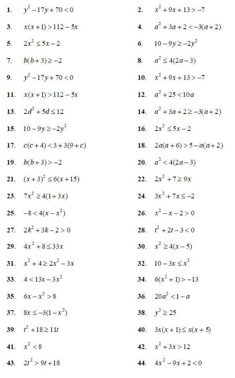 quadratic inequalities worksheet  answers kidsworksheetfun