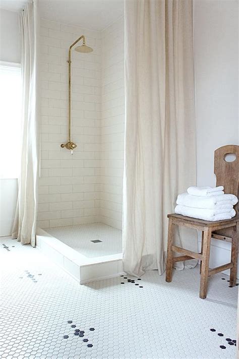 Corner Walk In Shower With Two Linen Shower Curtains