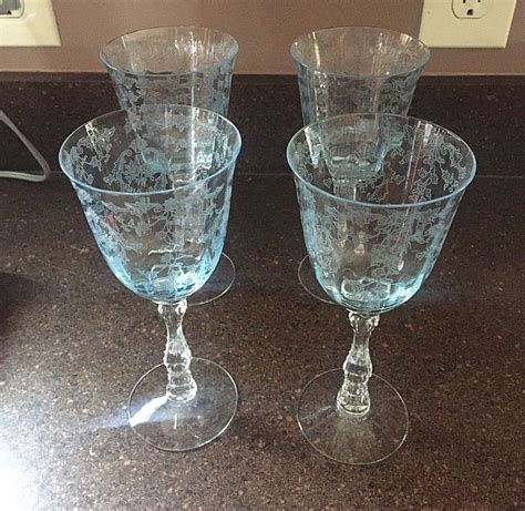 Set 4 Azure Blue Fostoria Optic Glass Navarre Etch 7 5 8 Water Goblets