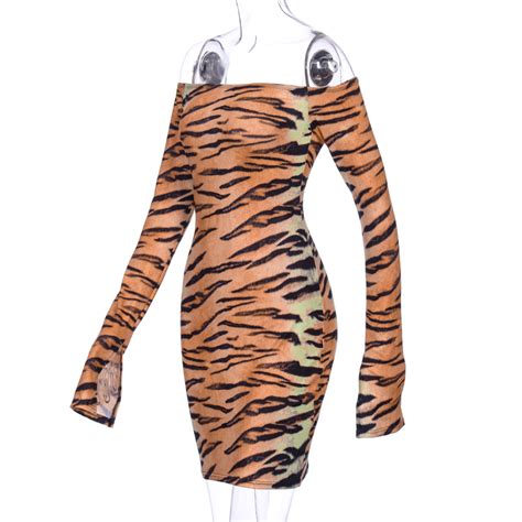Women S Sexy Off The Shoulder Tiger Skin Pattern Long Sleeve Party