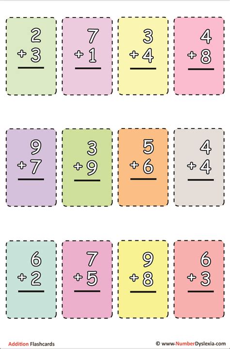printable addition flash cards    number dyslexia