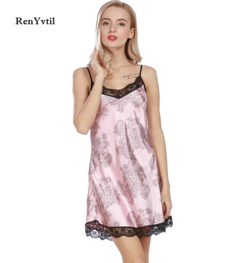 Renyvtil Brand Women Sexy Suspender Nightdress Deep V Lace Satin
