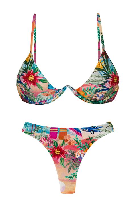 colorful tropical thong bikini with v underwire top set sunset tri