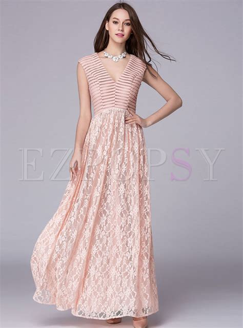 Dresses Prom Dresses Party Pink Sleeveless Lace Paneled Maxi Prom Dress