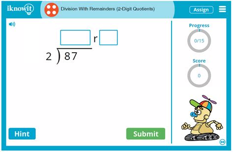 interactive math lesson division with remainders and 2 digit quotients