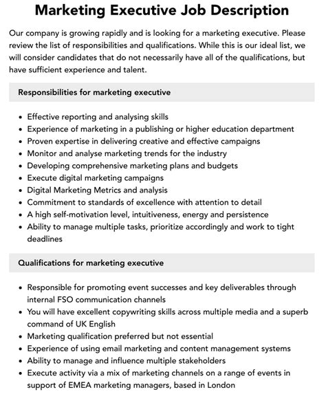 Marketing Executive Job Description Velvet Jobs