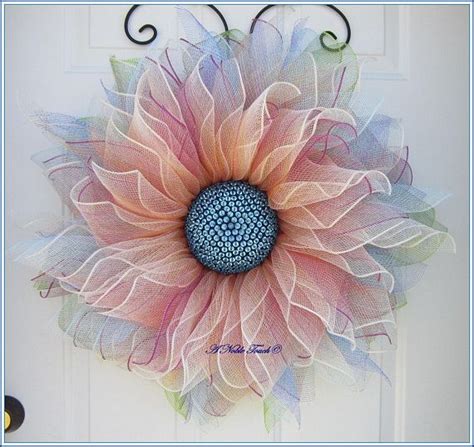 Deco Mesh Flower Wreath W Blue Faux Rhinestone Gem Center Wreath