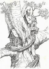 Coloring Tree Pages House Treehouse Drawings Treehouses Adult Drawing Fantasy Book Colouring Houses Printable Fairy Sketch Kids Sketchbook Project Sketches sketch template