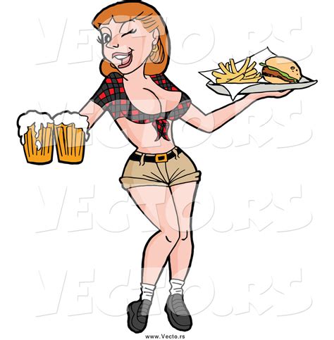 vector of a sexy breastaurant waitress winking and holding beer and