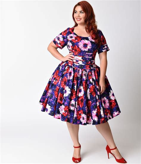 Plus Size Retro Dresses Purple Floral Roman Holiday Sleeved Scallop