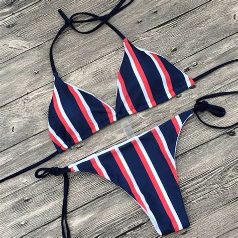 Striped Push Up Brazilian Bikini Set Women Swimwear Sexy Triangle