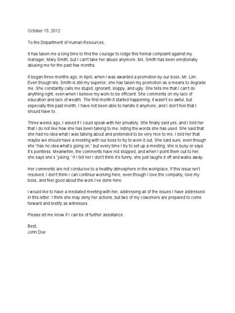 emotional abuse letter  complaint