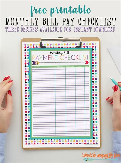 printable monthly bill pay checklist    mopping  floor