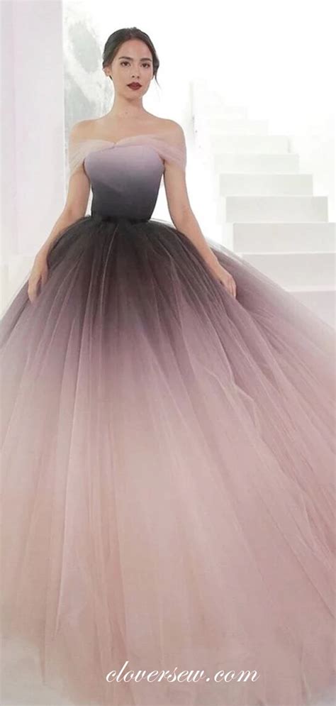 gradient tulle dusty pink off the shoulder ball gown prom