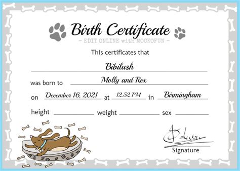 downloadable fillable puppy birth certificate template