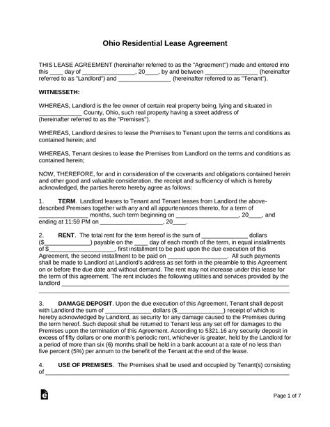 ohio standard residential lease agreement template  word