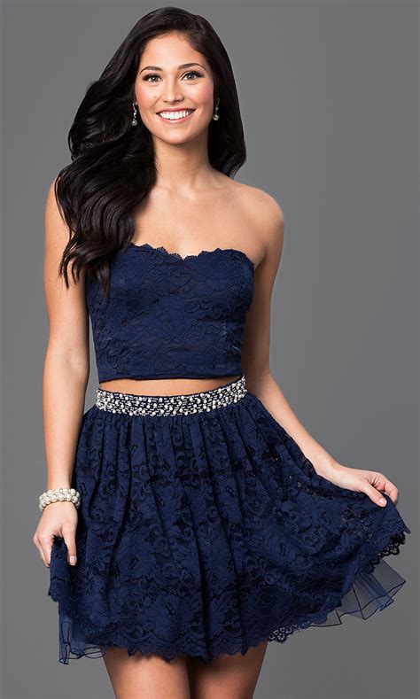 Short Navy Blue Two Piece Lace Dress Promgirl