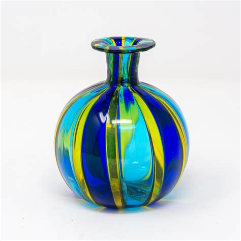 Small Murano Glass Blue And Green Striped Vase Item 9314