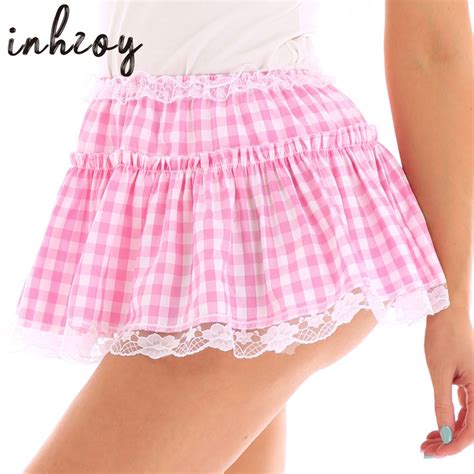 Mens Sissy Skirt Plaid Lace Ruffled Pleated A Line Mini Skirt Gay Male