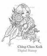 Fairy Fantasy Stamp Digital Visit Bird Flower Ching Faery Instant Spring Girl sketch template