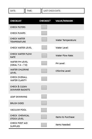 complete pool maintenance checklist log book