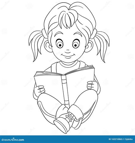 coloring page  girl reading  book stock vector illustration
