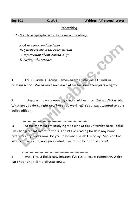 writing  personal letter esl worksheet  abdallah