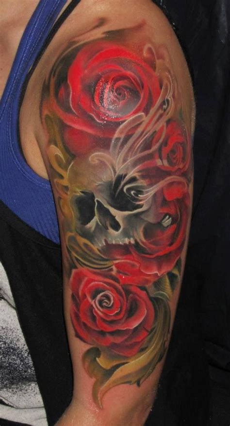 red roses  skull sleeve tattoo tattoos pinterest
