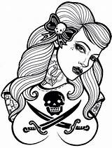 Coloring Pages Girl Pirate Tattoo Pinup Girls Rockabilly Clipart Skull Book Outline Designs Tattoos Dead Clip Ship Color Sexy Psychobilly sketch template