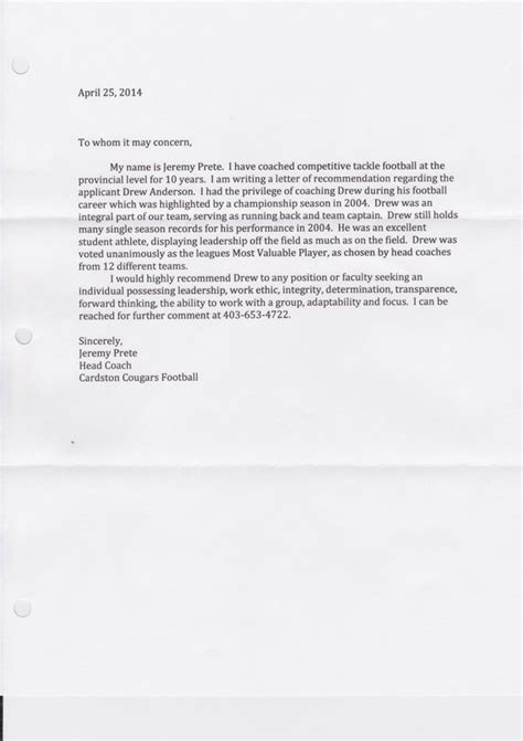 letter  recommendation  football coach drew anderson