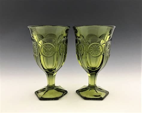 Fostoria Coin Glass Green 32 Ounce Pitcher And Two Glasses Etsy