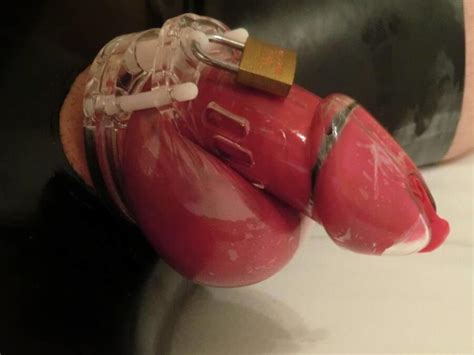 red condom under chastity with latex panty fetish porn pic