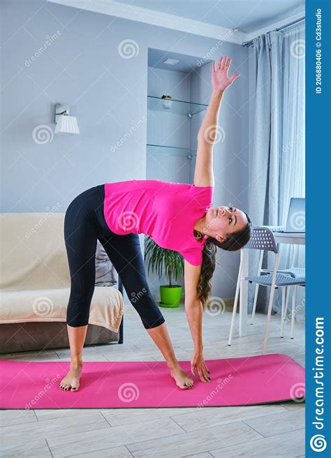 Yoga At Home Concept Attractive Young Woman Doing Yoga Exercises On