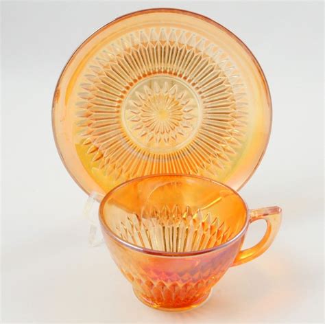 Jeannette Anniversary Iridescent Cup Saucer Vintage Glassware