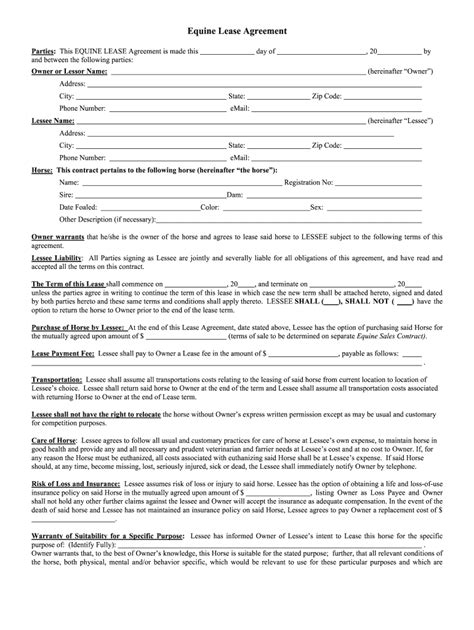 horse lease agreement template  printable  templateroller