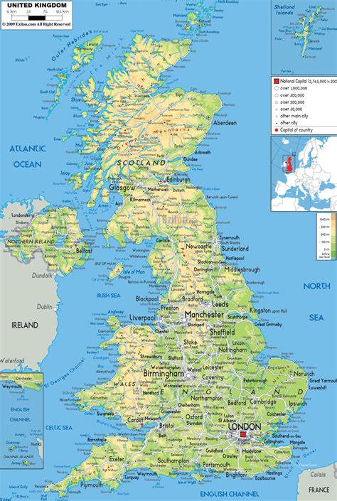 large detailed physical map  united kingdom   roads cities