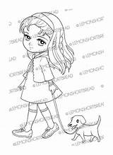 Dog Girl Walking Coloring Puppy Anime Cute Digital Digi Stamp sketch template
