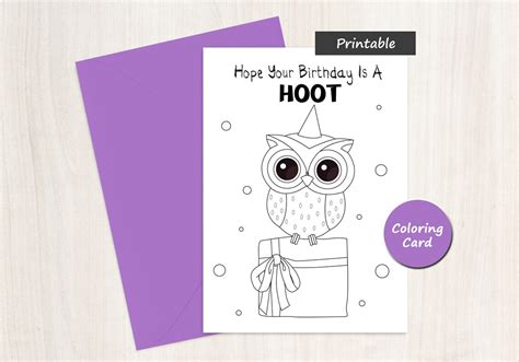 owl happy birthday coloring card digital  childrens owl