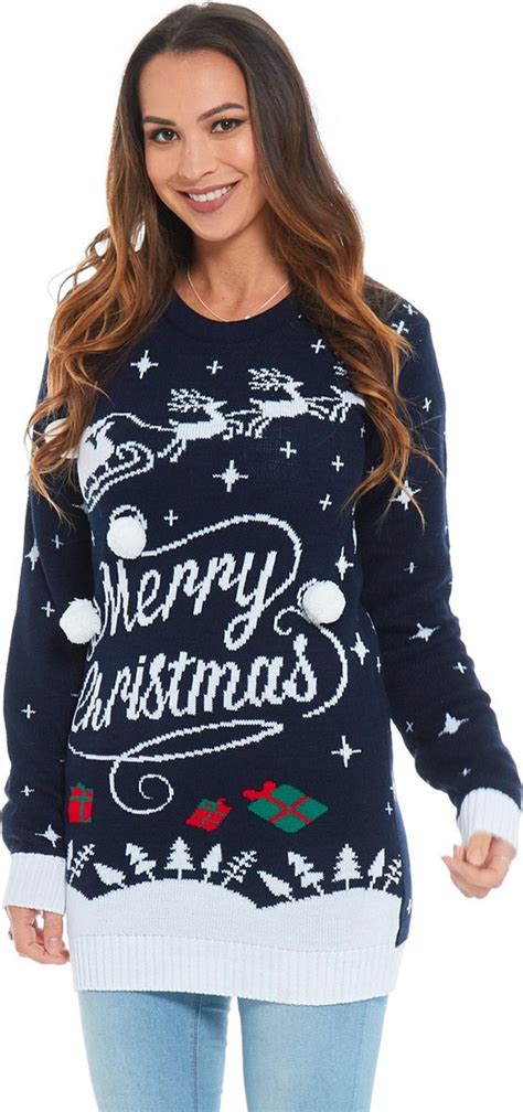 foute kersttrui dames christmas sweater kerstjurk merry christmas met pompons bol