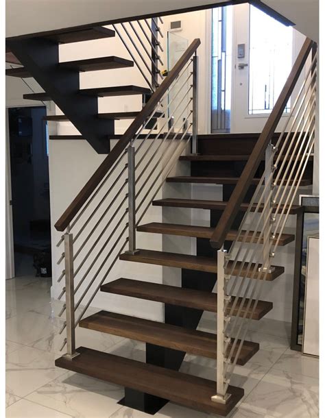 Interior Staircase With Wood Steps Stainless Steel Rod Railings And