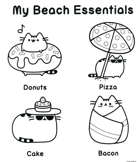 pusheen  beach essentials coloring page printable