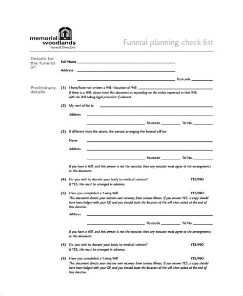 printable funeral planning checklist  fill  printable fillable