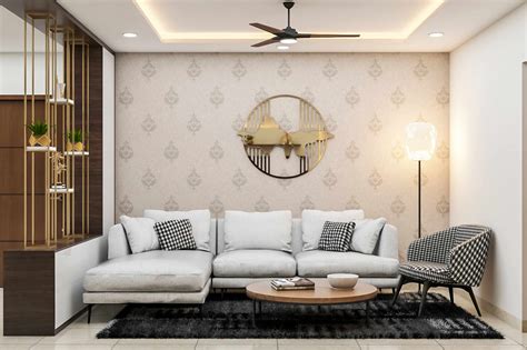 spacious living room design   floor lamp  patterned wallpaper