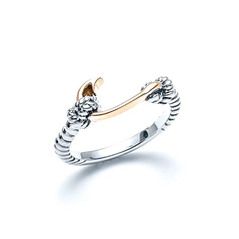 tone fish hook ring  sterling silver   gold detail
