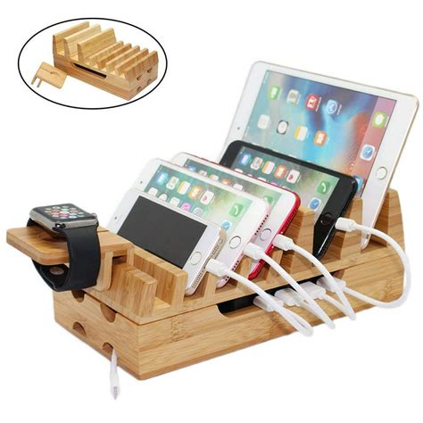 bamboo wood charging station docking stations organizer stand  multiple devices charge