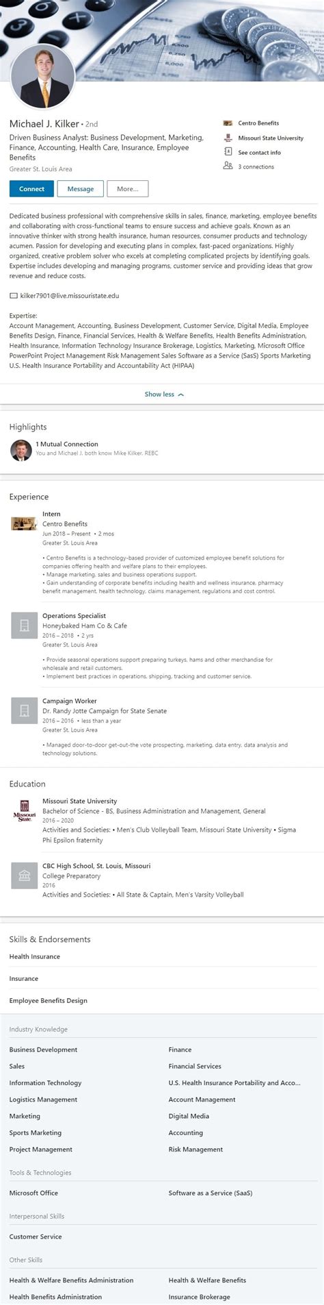 college studententry level resume linkedin profile examples